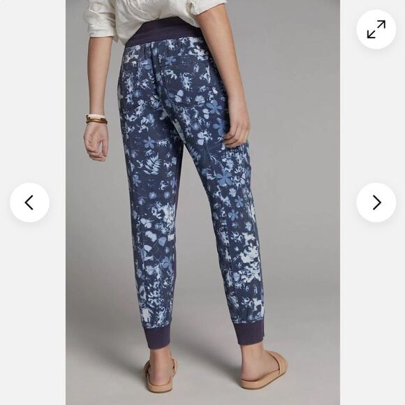 Anthropologie Mixed-Knit Navy Tie Dye Floral Print Joggers - Picture 3 of 4